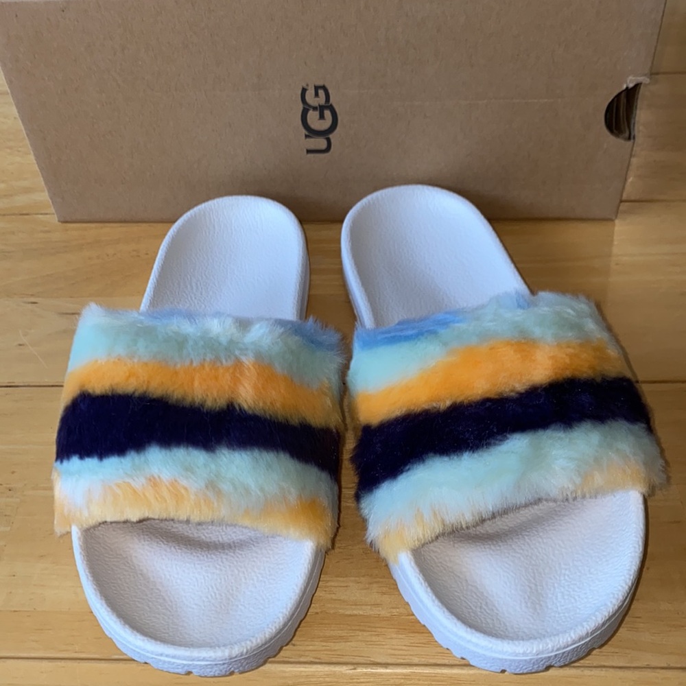 AUTH NIB UGG Royale Mural Faux Fur Slide Sandal US7